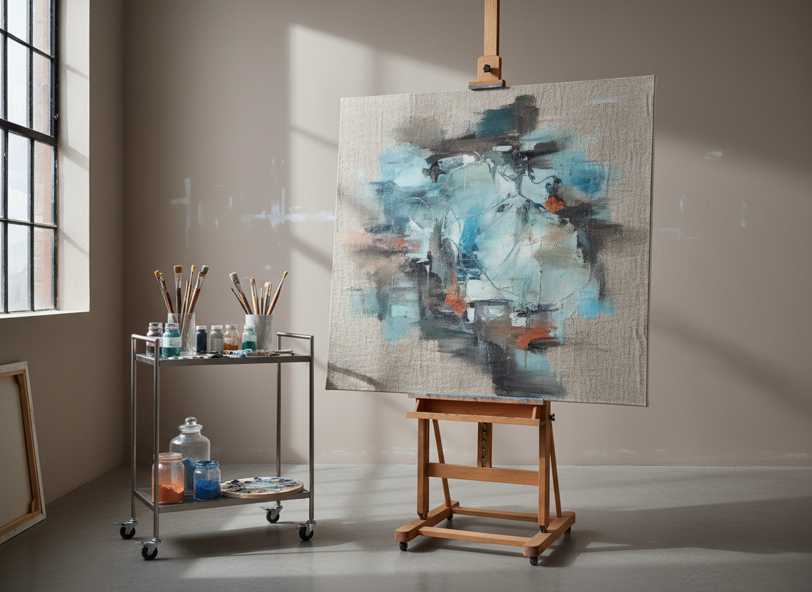 A refined artist’s workspace featuring a large, raw linen canvas on a sturdy wooden easel, partially covered with nuanced, semi-abstract brushstrokes in muted blues, warm grays, and soft terracotta. The canvas surface shows delicate texture and layered glazes. Nearby, a narrow steel trolley holds neatly arranged glass jars of pigment, well-used natural bristle brushes, and a ceramic palette with subtle smears of color. The background is a calm, light taupe wall with faint marks of previous works. Soft overcast daylight filters from a high side window, creating gentle highlights on the canvas weave and subdued shadows on the floor. The atmosphere is quietly focused and professional. Captured at eye level in photographic realism, with balanced negative space and a minimalist, elegant composition that emphasizes craftsmanship and process.