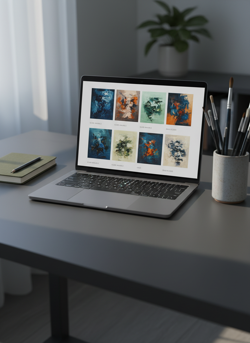 An intimate online gallery scene shown on a slim, modern laptop placed on a smooth, matte charcoal desk. The screen displays a grid of sophisticated paintings, each with small, discrete labels showing a minimal price tag and a subtle “available” or “sold” indicator in understated typography. Surrounding the laptop are a closed hardbound sketchbook in muted olive, a single graphite pencil, and a ceramic cup filled with brushes, all rendered with fine texture detail. Soft, cool daylight from a nearby window grazes the desk surface, creating refined gradients and soft reflections on the laptop’s metallic edge. The mood is calm, modern, and professional, suggesting a curated digital art experience. Shot from a slightly elevated angle in photographic realism, with a clear focal point on the screen and a gently blurred background for depth.