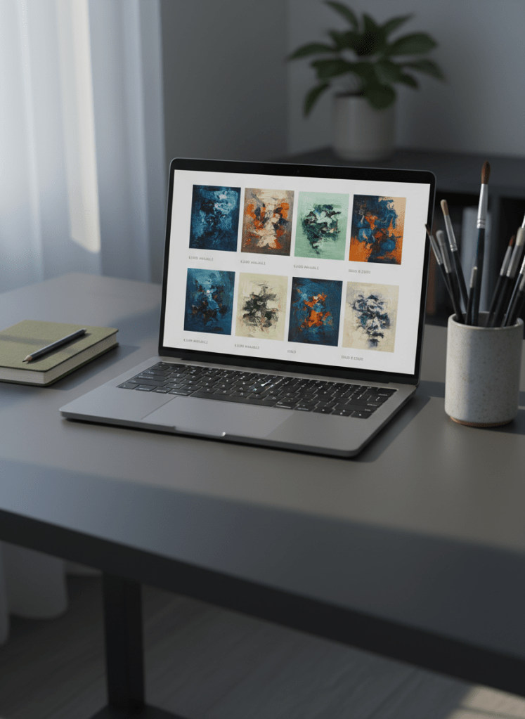 An intimate online gallery scene shown on a slim, modern laptop placed on a smooth, matte charcoal desk. The screen displays a grid of sophisticated paintings, each with small, discrete labels showing a minimal price tag and a subtle “available” or “sold” indicator in understated typography. Surrounding the laptop are a closed hardbound sketchbook in muted olive, a single graphite pencil, and a ceramic cup filled with brushes, all rendered with fine texture detail. Soft, cool daylight from a nearby window grazes the desk surface, creating refined gradients and soft reflections on the laptop’s metallic edge. The mood is calm, modern, and professional, suggesting a curated digital art experience. Shot from a slightly elevated angle in photographic realism, with a clear focal point on the screen and a gently blurred background for depth.